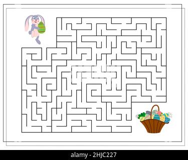 Kinder-Logik-Spiel gehen durch das Labyrinth. Helfen Sie dem Hasen, seinen Weg zum Korb mit Ostereiern zu finden. Vektor auf weißem Hintergrund isoliert Stock Vektor
