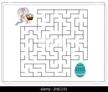 Kinder-Logik-Spiel gehen durch das Labyrinth. Helfen Sie, den Weg zum Hasen mit dem Korb zum Osterei zu finden. Vektor auf weißem Hintergrund isoliert Stock Vektor
