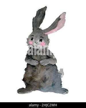 Aquarell handgezeichneter kleiner pelziger Hase. Graues Kaninchen, das allein sitzt und lächelt. Kinder Postkarte Illustration im Cartoon-Stil. Design für Babydusche Stockfoto