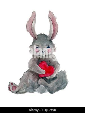 Aquarell handgezeichnete Illustration eines grauen Kaninchens mit rosa Wangen. Hase halten rotes Herz auf dem Boden sitzend. Tier im Cartoon-Stil. Stockfoto