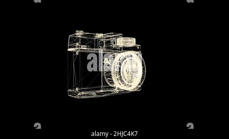 Altmodisches Hologramm der Fotokamera, das sich auf schwarzem Hintergrund dreht. Gelbes Kamerabildbild, das sich dreht und in den Staub fällt Stockfoto