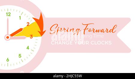 Die Sommerzeit beginnt mit der Erinnerung. Vektor-Illustration Banner mit einer Uhr, die sich eine Stunde vorwärts dreht. Nach Vorne Springen. Ändern Sie Die Uhren Stock Vektor