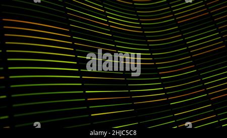 Farbenfrohe, wellige Textur aus schmalen Linien, die in kleine Segmente unterteilt sind, die auf schwarzem Hintergrund und nahtloser Schleife verlaufen. Grüne und gelbe diagonale Neonstreifen. Stockfoto