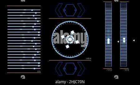 Futuristischer digitaler Schnittstellenbildschirm mit laufendem Computerprogramm. Abstrakte funktionierende Systemanwendung auf schwarzem Hintergrund. Stockfoto