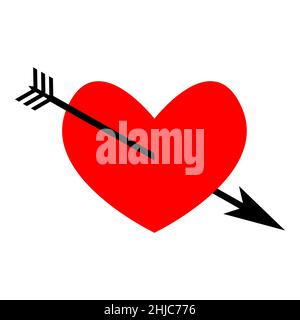 Leuchtendes rotes Herz, durchbohrt von einem Pfeil. Herzform als Symbol. Liebe Symbol mit Zärtlichkeit und tiefe warme Gefühle verbunden. Flaches Designbild für Postca Stock Vektor