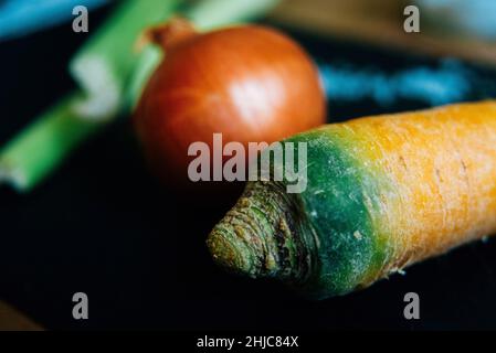 Nahaufnahme einer Karotte mit einer Zwiebel und Sellerie im Hintergrund auf Schiefer. Zutaten für französische Mirepoix-Kochbasis oder italienischen Soffrito Stockfoto