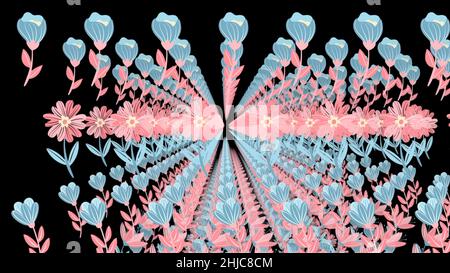 Abstrakte Blumen auf schwarzem Hintergrund. Blumen Hintergrund Animation. Blumen blühen auf der Farblinie, schwarzer Hintergrund. Stockfoto