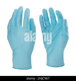 Zwei blaue Latexhandschuhe, isoliert auf weißem Hintergrund ohne Hände Stockfoto