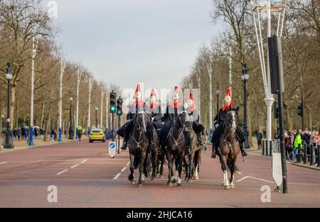 Westminster, London, Großbritannien. 28. Januar 2022. Berittene Truppen der Blues und Royals fahren entlang der Mall und kehren von der Wachwechsel-Zeremonie bei der Horse Guards Parade in London zu den Hyde Park Barracks zurück. Quelle: Malcolm Park/Alamy Live News. Stockfoto