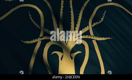 Nahaufnahme der goldenen kraken mit Tentakeln auf dem Hintergrund der sich entwickelnden dunkeltürkisfarbenen Flagge. Animation. Emblem des Hauses Greyjoy. Konzept von se Stockfoto