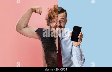 Collage aus zwei Männern, neandertaler und Geschäftsmann, Büroangestellter isoliert auf rosa und blauem Hintergrund. Halbfläche Stockfoto