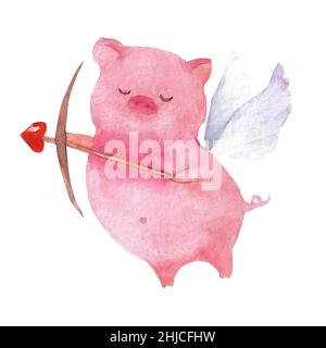 Aquarell Valentinstag Schwein. Ferkel Amor isoliert auf weiß. Rosa Ferkel mit Liebespfeil. Stockfoto