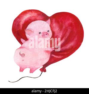 Aquarell Valentinstag Schwein. Ferkel mit Herzballon isoliert auf weiß. Pink Piglet Love Day. Stockfoto