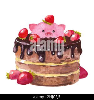 Aquarell Valentinstag Schwein. Ferkel in den großen Kuchen isoliert auf weiß. Pink Piglet Love Day. Stockfoto