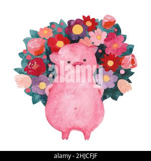 Aquarell Valentinstag Schwein. Ferkel mit einem Blumenstrauß isoliert auf Weiß. Pink Piglet bereitet eine Überraschung vor. Stockfoto