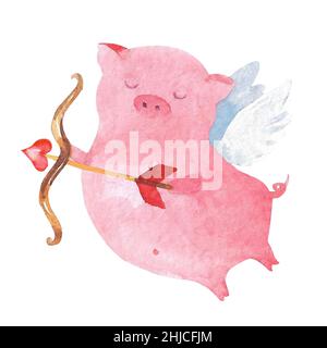 Aquarell Valentinstag Schwein. Ferkel Amor isoliert auf weiß. Rosa Schweinchen mit Amor-Schleife. Stockfoto