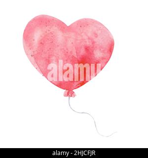 Aquarell-Ballon zum Valentinstag. Rosa Ballon Herz isoliert auf weiß. Pinkfarbener Weihnachtsballon. Stockfoto