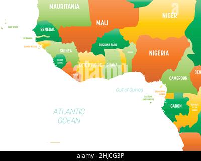 Westafrika - hoch detaillierte politische Karte von westafrika und der Region Bay of Guinea mit Land-, Ozean- und Meeresnamen. Stock Vektor