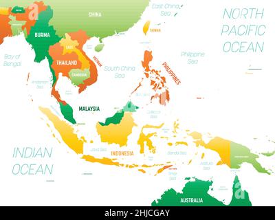 Südostasien Karte - grüner Farbton auf dunklem Hintergrund