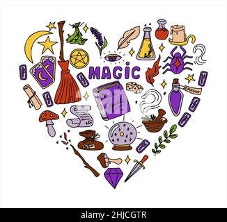 Magisches handgezeichnetes Doodle-Set. Vektorsymbole von magischen Gegenständen. Kollektion halloween Elemente. Zauberbesen, Tränke, Wahrsagekarten, Runen, Bücher Stock Vektor