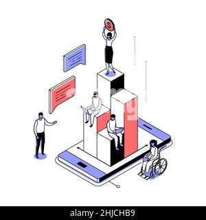 Wachstumsraten - moderne Linienisometrie Designstil Illustration. Bild mit Mädchen an der Spitze der Grafik, mit einer Dollar-Münze, Männer arbeiten in Lapt Stock Vektor