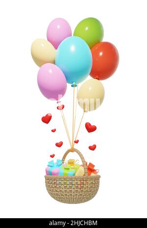 3D Render. Bunte Ballons tragen einen Korb mit Geschenken, isoliert weiß. Designvorlage. Trendiges Design. Stockfoto