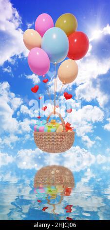 3D Render. Bunte Luftballons tragen einen Korb mit Geschenken. Designvorlage. Trendiges Design. Stockfoto