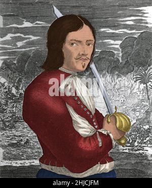 Francois L'Ollonais (1635 - 1668) war ein französischer Pirat. Er war ein erfahrener Folterer, und seine Techniken umfassten das Schneiden von Fleischteilen mit einem Schwert, das Verbrennen und das Wolding, bei dem er verknotete Seile um den Kopf des Opfers Band, bis ihre Augen herausgezwungen wurden. Er und seine Männer vergewaltigten, plünderten und verbrannten viel von Maracaibo, bevor er nach Süden nach Gibraltar zog. Trotz ihrer Überzahl schlachteten die Piraten 500 Soldaten der Garnison von Gibraltar und hielten die Stadt für Lösegeld. Er lief auf einer Sandbank an der Küste von Darien auf Grund. Sie gingen ins Landesinnere, um Nahrung zu finden, aber waren Ca Stockfoto