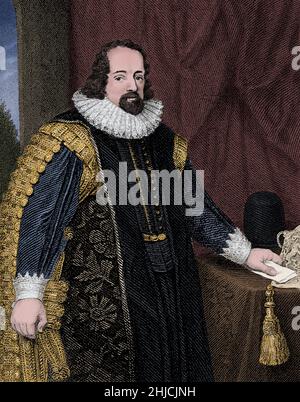 Francis Bacon (22. Januar 1561 - 9. April 1626) war ein englischer Philosoph, Staatsmann, Wissenschaftler, Rechtsanwalt, Jurist, Autor und Pionier der wissenschaftlichen Methode. Er diente sowohl als Generalstaatsanwalt als auch als Lord Chancellor von England. Seine politische Karriere endete in Schande in 1621. Er blieb einflussreich durch seine Werke, vor allem als philosophischer Anwalt und Praktiker der wissenschaftlichen Methode während der wissenschaftlichen Revolution. Bacon wurde als Schöpfer des Empirismus bezeichnet. In seiner wichtigsten Arbeit, Novum Organum, schlug er eine rationale Methode für die wissenschaftliche Untersuchung, eine auf observatio Stockfoto