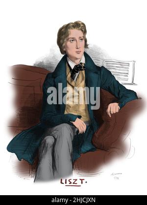Franz Franz Franz Franz Franz Franz (1811-1886), ungarischer Komponist und Dirigent, bekannt für seine virtuosen Fähigkeiten als Pianist. Lithographie von Achille Dev√©ria, 1832. Stockfoto