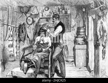 Ein Häuptling der Ureinwohner Amerikas, der seine Haare in einem Friseurladen in Standing Rock, Dakota Territory, gekleidet hat. Illustration von William A. Rogers aus Harper's Weekly, 15. März 1879. Stockfoto