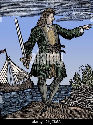 Charles Vane (1680 - 29. März 1721) war ein englischer Pirat, der von der berüchtigten Basis in New Providence auf den Bahamas aus operierte. Seine Fähigkeiten im Navigieren und im Schiffskampf waren unübertrefflich, und er plündert erfolgreich zahlreiche Schiffe. Während seiner Arbeit zwischen Kuba und Hispaniola beschuldigte ihn seine Mannschaft der Feigheit und er wurde mit einem kleinen Schleier und einigen loyalen Piraten zurückgelassen. Er eroberte mehrere Schiffe und baute seine Piratenflotte wieder auf, aber ein Hurrikan zerstörte die meisten von ihnen und fast seine gesamte Besatzung ertrank. Schließlich wurde er gefangen genommen, eingesperrt, vor Gericht gestellt, für schuldig befunden und gehängt. Eingefärbt. Stockfoto