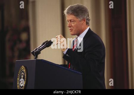 Präsident Bill Clinton 1993 im Weißen Haus. Stockfoto