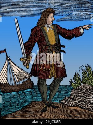 Charles Vane (1680 - 29. März 1721) war ein englischer Pirat, der von der berüchtigten Basis in New Providence auf den Bahamas aus operierte. Seine Fähigkeiten im Navigieren und im Schiffskampf waren unübertrefflich, und er plündert erfolgreich zahlreiche Schiffe. Während seiner Arbeit zwischen Kuba und Hispaniola beschuldigte ihn seine Mannschaft der Feigheit und er wurde mit einem kleinen Schleier und einigen loyalen Piraten zurückgelassen. Er eroberte mehrere Schiffe und baute seine Piratenflotte wieder auf, aber ein Hurrikan zerstörte die meisten von ihnen und fast seine gesamte Besatzung ertrank. Schließlich wurde er gefangen genommen, eingesperrt, vor Gericht gestellt, für schuldig befunden und gehängt. Eingefärbt. Stockfoto