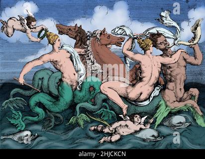 Sirenen, Najaden und Tritonen geätzt von Angiolo Falconetto, 16th. Jahrhundert. In der griechischen Mythologie waren die Sirenen gefährliche und schöne Kreaturen, dargestellt als Femme fatales, die nahe gelegene Seeleute mit ihrer bezaubernden Musik und ihren Stimmen zum Schiffbruch an der felsigen Küste ihrer Insel lockten. Sie waren früher Mägde der Göttin Persephone. Als das Mädchen heimlich von Hades entführt wurde, gab Demeter ihnen die Leichen von Vögeln und schickte sie, um bei der Suche zu helfen. Schließlich gaben sie auf und ließen sich auf der blumigen Insel Anthemoessa nieder. Die Sirenen wurden später von den Argonauten angetroffen, die unh vorbeikamen Stockfoto