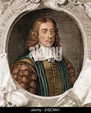 Thomas Willis (1621-1675) war ein englischer Arzt und Gründungsmitglied der Royal Society. In seinen bahnbrechenden Arbeiten zur Neurologie, einem von ihm geprägten Begriff, entdeckte er den Kreis der Willis, einen Kreis von Arterien an der Basis des Gehirns. Er prägte auch den Begriff mellitus bei Diabetes mellitus. Linienstich von George Vertue, 1742, nach David Loggan. Eingefärbt. Stockfoto