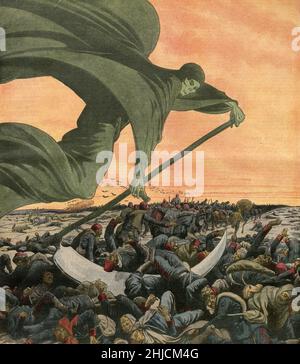 Todeszeichnung, die den Soldaten während des Ersten Balkankrieges (1912-13) Cholera brachte. Titelbild des Le Petit Journal, 1912. Cholera ist eine Infektion des Dünndarms durch einige Stämme des Bakteriums Vibrio cholerae. Es wird hauptsächlich durch Wasser und Lebensmittel verbreitet, die mit menschlichem Kot, der Vibrio cholerae enthält, kontaminiert sind. Ursprünglich dachte John Snow, die Ursache sei durch „Foul Air“ verursacht worden, die wahre Ursache wurde zwischen 1849 und 1854 von John Snow identifiziert. Stockfoto