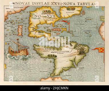 Karte mit Nord- und Südamerika als Neue Welt. Die Karte erschien erstmals√ºnster in Sebastian M 1544 Cosmographia. Es gilt als das erste, das die gesamten Kontinente Nord- und Südamerikas zeigt. Stockfoto