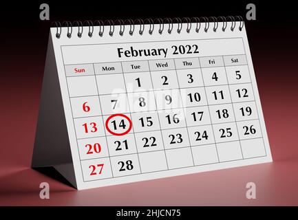 Lockerer Kalender mit dem Monat Februar 2022 und eingekreisten Tag 14 für Valentinstag. 3D Rendern Stockfoto