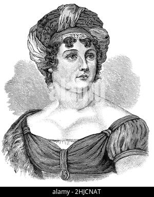 Germaine de Sta√´l, bekannt als Madame de Sta√´l (1766-1817), war eine französische Schriftstellerin und Politiktheoretikerin während der Französischen Revolution und der napoleonischen Ära. Illustration von 1885 von James Parton. Stockfoto