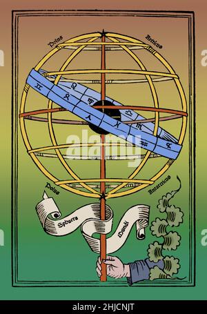 De sphaera mundi ist eine mittelalterliche Einführung in die grundlegenden Elemente der Astronomie, geschrieben von Johannes de Sacrobosco, um 1230. Johannes de Sacrobosco (1195 - 1256) war Gelehrter, Mönch und Astronom. Er schrieb einen Essay über das hinduistisch-arabische Zahlensystem, das in den späteren mittelalterlichen Jahrhunderten zur meistgelesenen Einführung in dieses Thema wurde. In De Anni ratione, seinem längsten und originellsten Buch, beschrieb Sacrobosco korrekt die Mängel des damals verwendeten Julianischen Kalenders und empfahl drei Jahrhunderte vor seiner Umsetzung eine Lösung ähnlich dem modernen Gregorianischen Kalender. Stockfoto