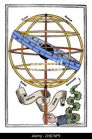 De sphaera mundi ist eine mittelalterliche Einführung in die grundlegenden Elemente der Astronomie, geschrieben von Johannes de Sacrobosco, um 1230. Johannes de Sacrobosco (1195 - 1256) war Gelehrter, Mönch und Astronom. Er schrieb einen Essay über das hinduistisch-arabische Zahlensystem, das in den späteren mittelalterlichen Jahrhunderten zur meistgelesenen Einführung in dieses Thema wurde. In De Anni ratione, seinem längsten und originellsten Buch, beschrieb Sacrobosco korrekt die Mängel des damals verwendeten Julianischen Kalenders und empfahl drei Jahrhunderte vor seiner Umsetzung eine Lösung ähnlich dem modernen Gregorianischen Kalender. Stockfoto