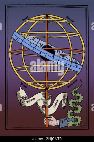 De sphaera mundi ist eine mittelalterliche Einführung in die grundlegenden Elemente der Astronomie, geschrieben von Johannes de Sacrobosco, um 1230. Johannes de Sacrobosco (1195 - 1256) war Gelehrter, Mönch und Astronom. Er schrieb einen Essay über das hinduistisch-arabische Zahlensystem, das in den späteren mittelalterlichen Jahrhunderten zur meistgelesenen Einführung in dieses Thema wurde. In De Anni ratione, seinem längsten und originellsten Buch, beschrieb Sacrobosco korrekt die Mängel des damals verwendeten Julianischen Kalenders und empfahl drei Jahrhunderte vor seiner Umsetzung eine Lösung ähnlich dem modernen Gregorianischen Kalender. Stockfoto