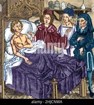 Selbst die Anwesenheit von drei Ärzten am Bett dieses reichen Opfers der Pest kann ihn nicht retten. Dieses Bild wurde verbessert. Stockfoto