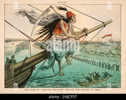 „die Art von „assistiertem Emigrant“, die wir uns nicht leisten können zuzugeben“, Puck, 18. Juli 1883. Diese Illustration von Friedrich Graetz verkörpert die Cholera als fremden Eindringling, den Tod in türkischer Kleidung. Zu dieser Zeit ereigneten sich in Ägypten Epidemien. Das Gesundheitsministerium versucht mit Kanonen aus Kohlensäure, Thymol und Chlorid von Kalk, die „Immigrantenkrankheit“ von der Landung abzuhalten. Stockfoto