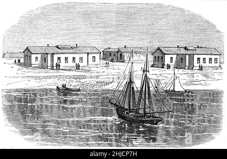 Rekonvaleszenz-Krankenhaus für Tuberkulose-Patienten, Hart Island, New York, 5. Mai 1877. Die Insel hart wurde als militärisches Trainingsgelände, als Ort eines Haftlagers für den Bürgerkrieg der Union, einer psychiatrischen Einrichtung, einem Tuberkulose-Sanatorium, einem Töpferfeld, einem Obdachlosenheim, Ein Reformhaus für Jungen, ein Gefängnis und ein Zentrum für Drogenrehabilitierung. Stockfoto