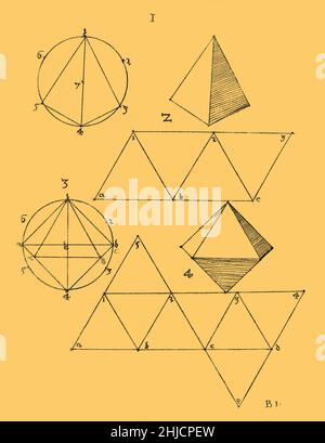 Polyedrische Variationen, die auf den fünf platonischen Körpern oder "regulären Körpern" basieren: Tetraeder, Würfel, Oktaeder, Dodekaeder und Ikosaeder. Radierung aus 'A True and gründliche Instruction in Geometry', 1543, von Augustin Hirschvogel (1503‚Äì1553). Farbverstärkter Stockfoto