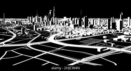 Satellitenansicht von Shanghai, Stadtplan mit Haus und Gebäude. Silhouette, schwarz und weiß. Wolkenkratzer. China. Volksrepublik China Stockfoto