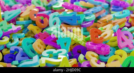 Bunte Regenbogen Spektrum farbige zufällige Ziffer Kunststoff Zahlen Haufen Hintergrund, Algebra, Bildung oder Wissenschaft Konzept, 3D Illustration, selektive Focu Stockfoto