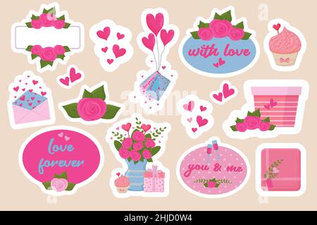 Romantische Sticker Set mit Rahmen, rosa Rosen, Geschenke, Liebesbrief und Cupcake in niedlichen Cartoon-Stil isoliert auf weißem Hintergrund. . Vektorgrafik Stock Vektor